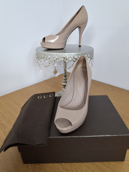 Gucci Shoes - Gucci Blush Patent Leather Peep-Toe Heels
